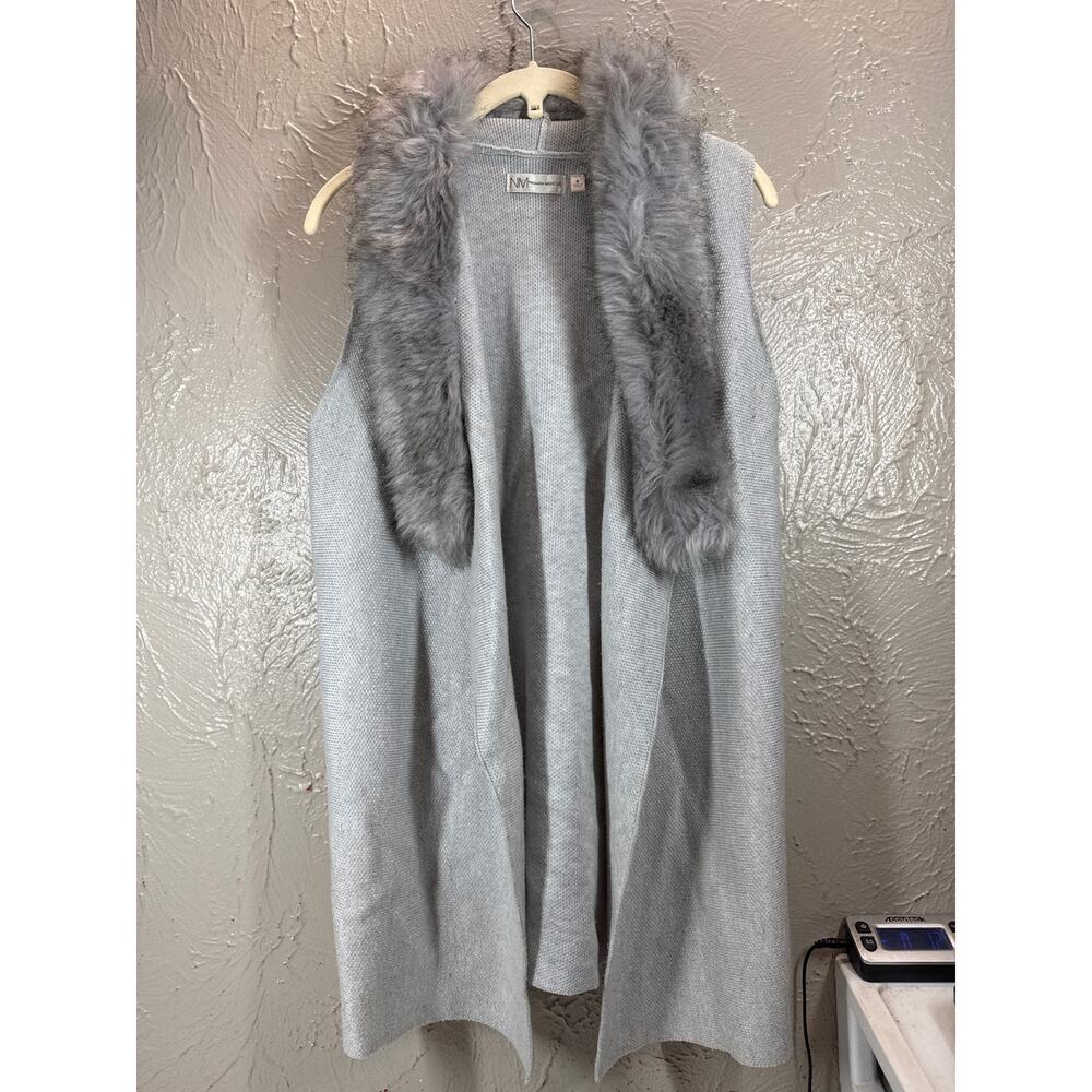 Neiman Marcus Open Front Cardigan Vest Removable Faux Fur Collar Gray Sz Small
